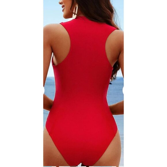 Charmo Womens High Neck Zipper Full Coverage One Piece Swimsuit Size Medium Red - Picture 2 of 11